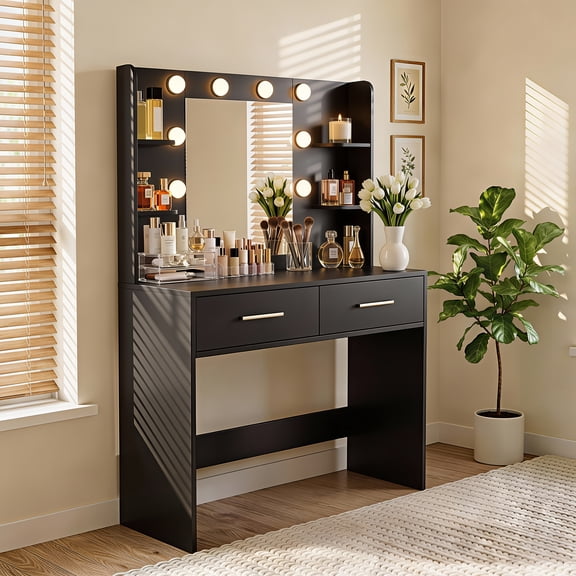 Homall Makeup Vanity Set with Mirror & 3 Modes Lights, Vanity Desk with Storage Drawers & Shelves, Vanity Table with Power Outlet for Bedroom Dressing Room, Black