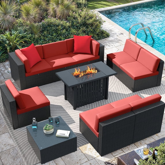 Homall 10 Pieces Rattan Patio Furniture Conversation Set with 43" Gas Propane 50000 BTU Fire Pit Table Outdoor Sectional Sofa for Backyard,Red
