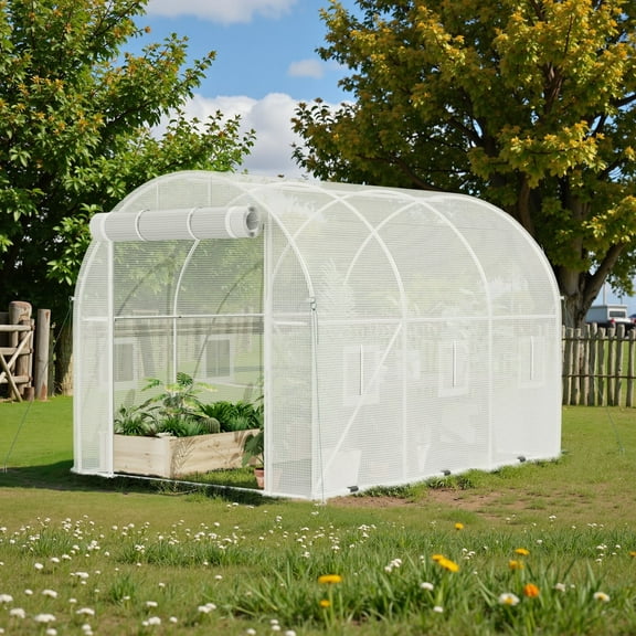 Homall 10 x 6.5 ft Patio Greenhouse with Zippered Door & 6 Roll-up Windows, Outdoor Walk-in Tunnel Greenhouse with Galvanized Frame & Waterproof , White