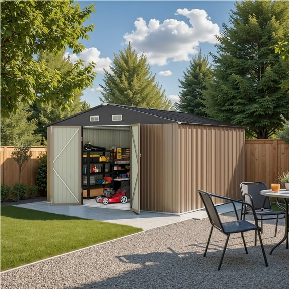Homall 10' x 8' ft Outdoor Metal Storage Shed with Sloping Roof and Double Lockable Door for Backyard, Brown