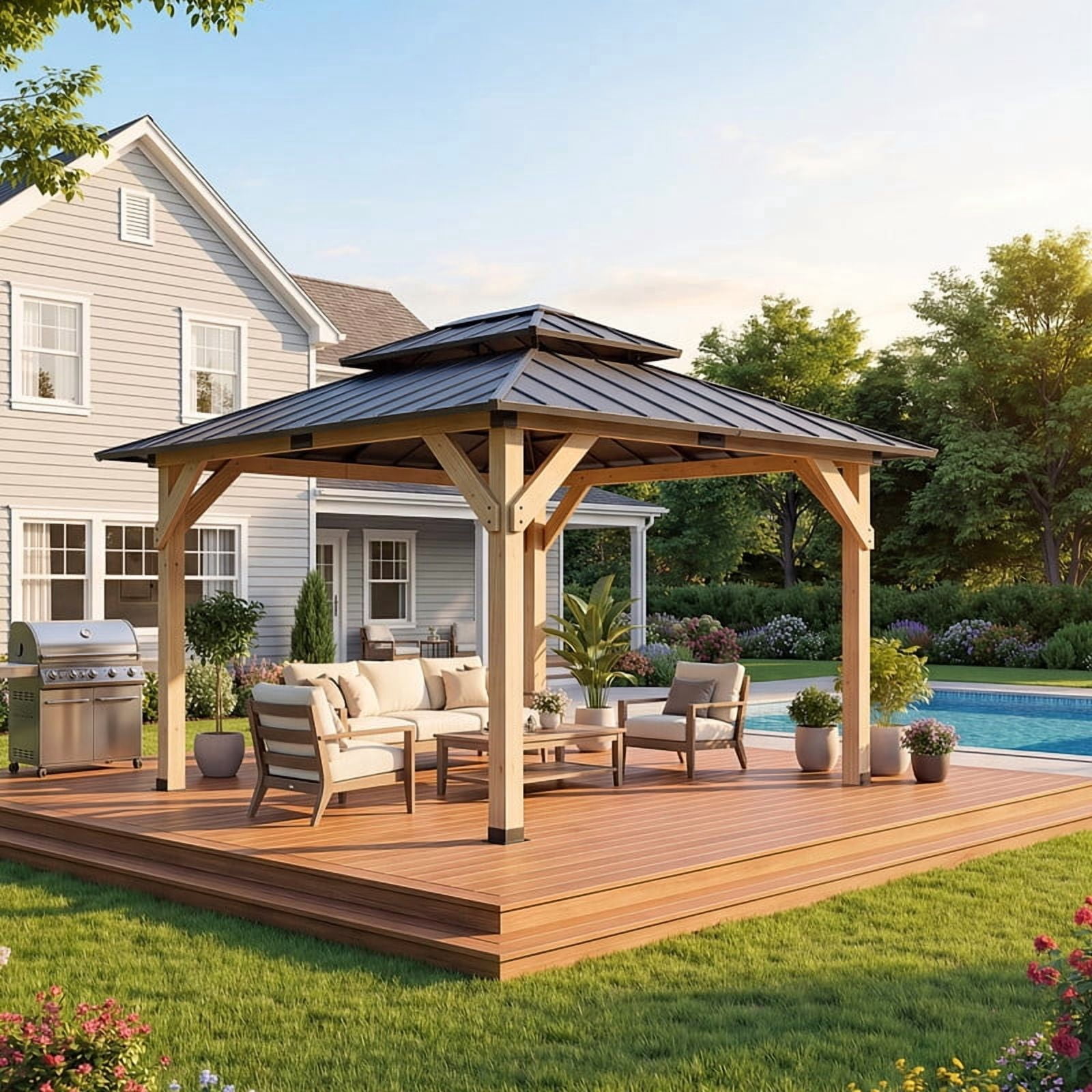 Homall 10x12 FT Wood Gazebo China Fir Permanent Pavilion with Galvanized Steel Hardtop Double Roof for Patio Garden Backyard