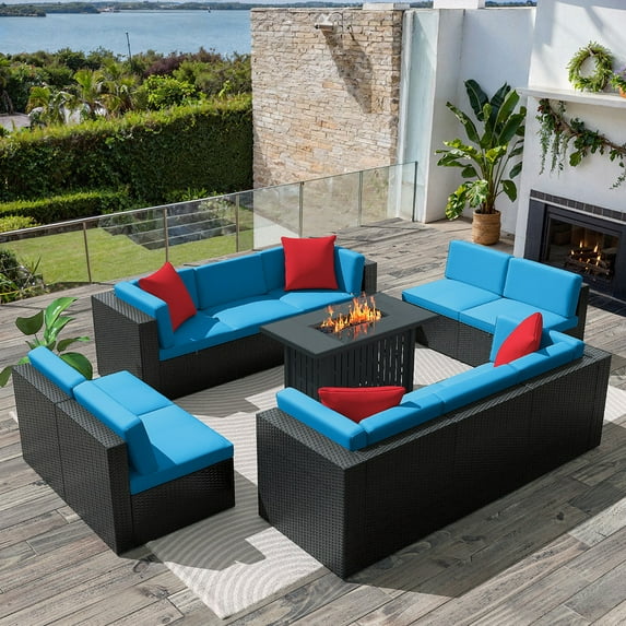 Homall 11 Pieces Rattan Patio Furniture Conversation Set with 43" Gas Propane 50000 BTU Fire Pit Table Outdoor Sectional Sofa for Backyard,Blue