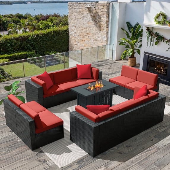 Homall 11 Pieces Rattan Patio Furniture Conversation Set with 43" Gas Propane 50000 BTU Fire Pit Table Outdoor Sectional Sofa for Backyard,Red