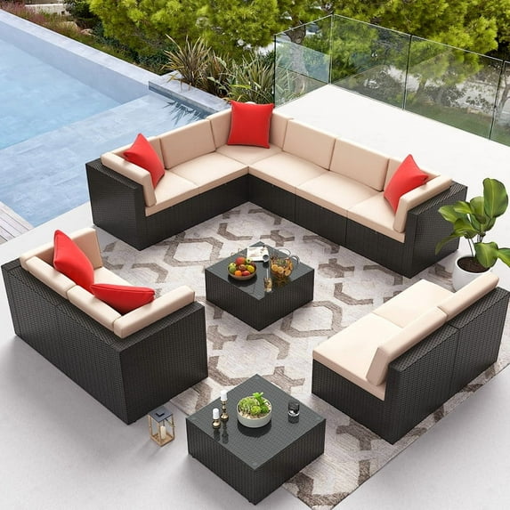 Homall 12 Pieces Rattan Patio Furniture Conversation Set Outdoor Sectional Sofa for Backyard,Beige