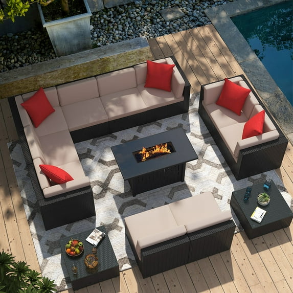 Homall 13 Pieces Rattan Patio Furniture Conversation Set with 43" Gas Propane 50000 BTU Fire Pit Table Outdoor Sectional Sofa for Backyard,Beige