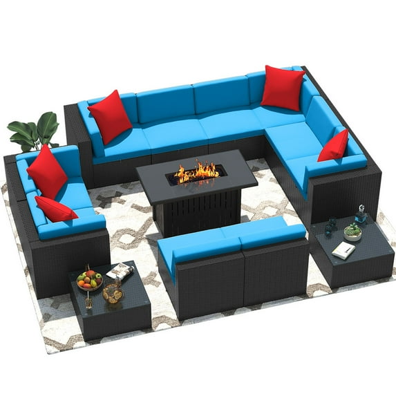 Homall 13 Pieces Rattan Patio Furniture Conversation Set with 43" Gas Propane 50000 BTU Fire Pit Table Outdoor Sectional Sofa for Backyard,Blue