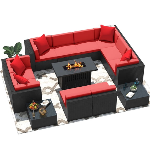 Homall 13 Pieces Rattan Patio Furniture Conversation Set with 43" Gas Propane 50000 BTU Fire Pit Table Outdoor Sectional Sofa for Backyard,Red