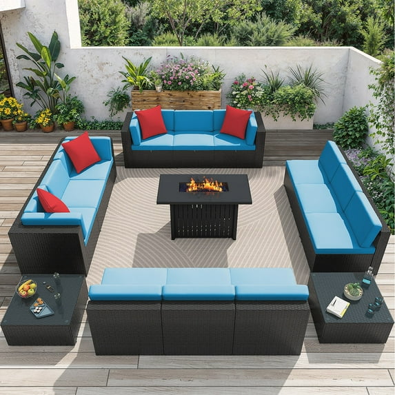Homall 15 Pieces Rattan Patio Furniture Conversation Set with 43" Gas Propane 50000 BTU Fire Pit Table Outdoor Sectional Sofa for Backyard,Blue