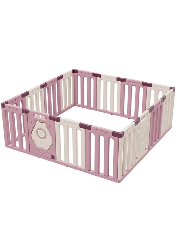Homall 16-Panel Baby Playpen Kids Activity Centre Playard Center with Lock Door Rubber Bases,Pink