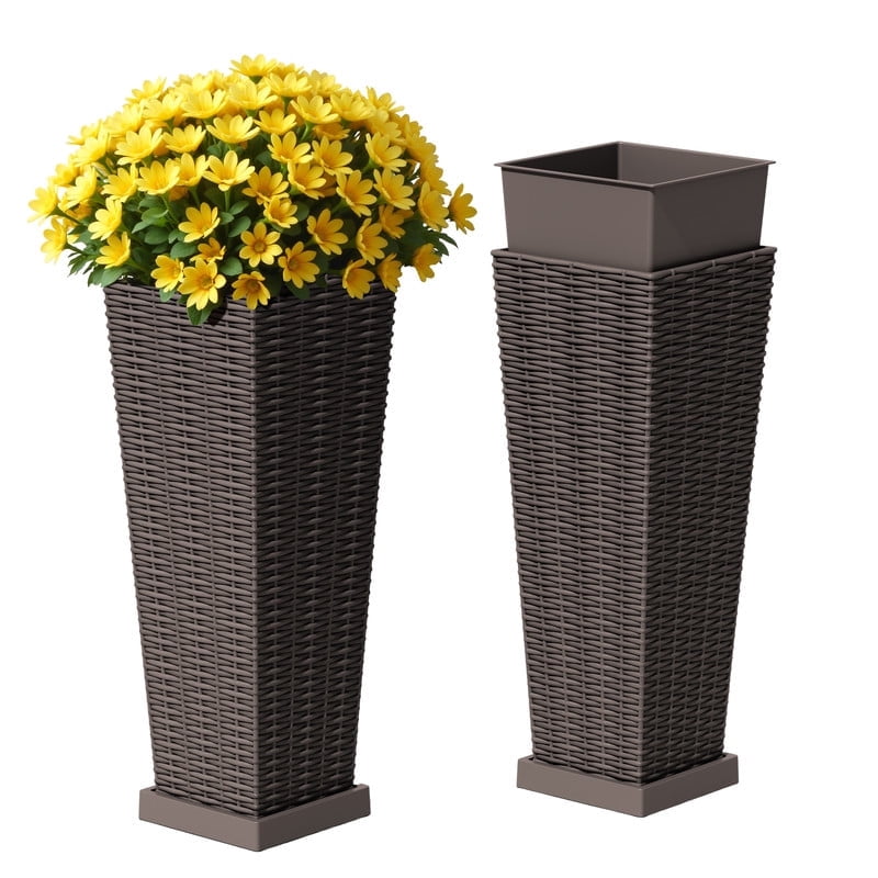 Homall 2-Pack 24" Tall Outdoor Plastic Planters with Inside Pots, Drainages and Trays, Rattan - Patterned for Patio Decor