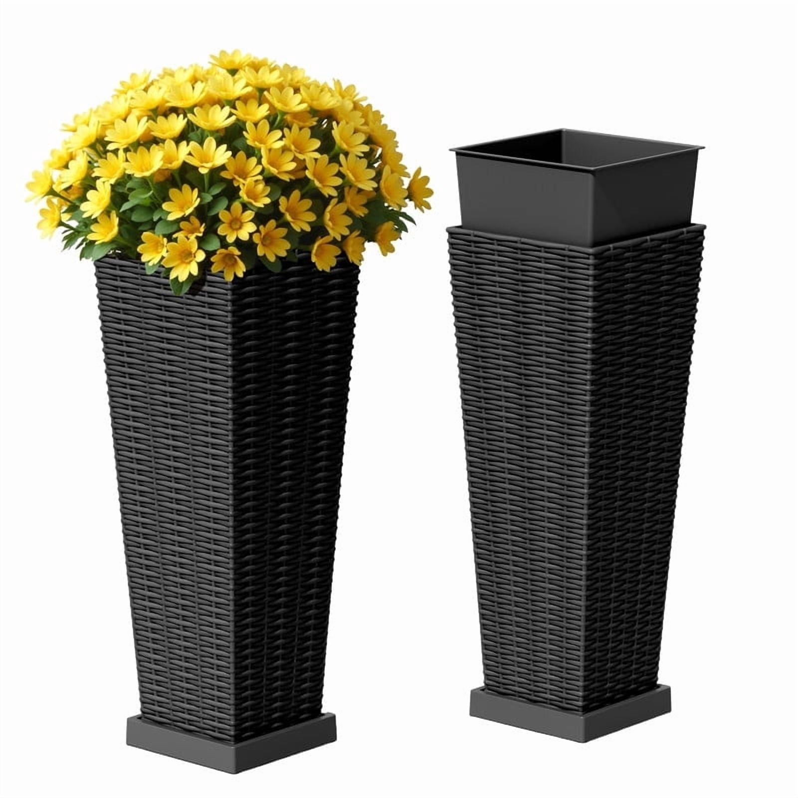 Homall 2-Pack 24" Tall Outdoor Plastic Planters with Inside Pots, Drainages and Trays, Rattan - Patterned for Patio Decor