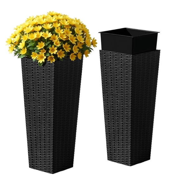 Homall 2-Pack 24" Tall Outdoor Plastic Planters with Inside Pots, Rattan - Patterned for Patio Decor