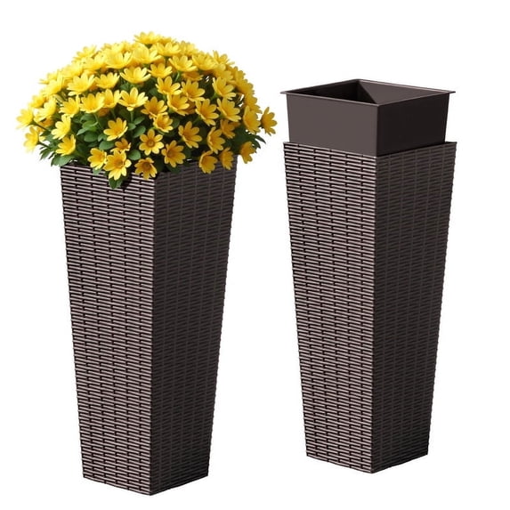 Homall 2-Pack 24" Tall Outdoor Plastic Planters with Inside Pots, Rattan - Patterned for Patio Decor