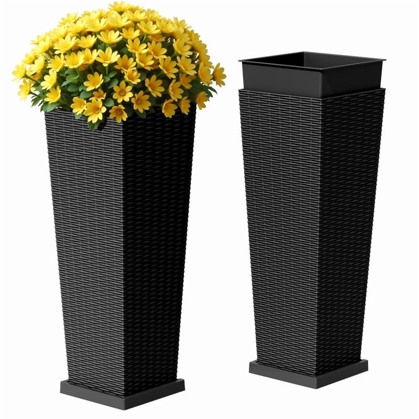 Homall 2-Pack 32" Tall Outdoor Plastic Planters with Inside Pots, Drainages and Trays, Rattan - Patterned for Patio Decor