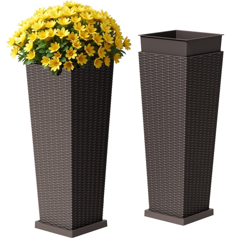Homall 2-Pack 32" Tall Outdoor Plastic Planters with Inside Pots, Drainages and Trays, Rattan - Patterned for Patio Decor