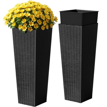 Homall 2-Pack 32" Tall Outdoor Plastic Planters with Inside Pots, Rattan - Patterned for Patio Decor