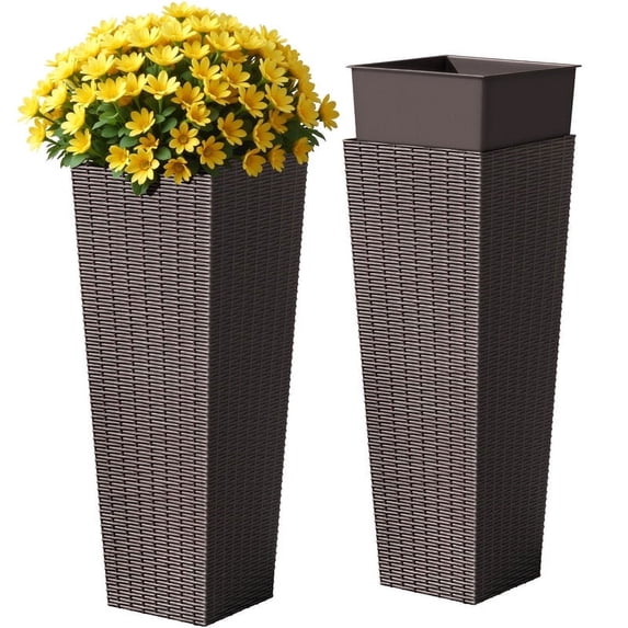Homall 2-Pack 32" Tall Outdoor Plastic Planters with Inside Pots, Rattan - Patterned for Patio Decor