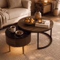 thumbnail image 1 of Homall 2-Piece Nesting Coffee Table Set, Round Coffee Tables with Hidden Drawer and Motion Sensor LED Light, Modern Living Room Tables with Storage and Metal Base, Walnut & Black, 1 of 8