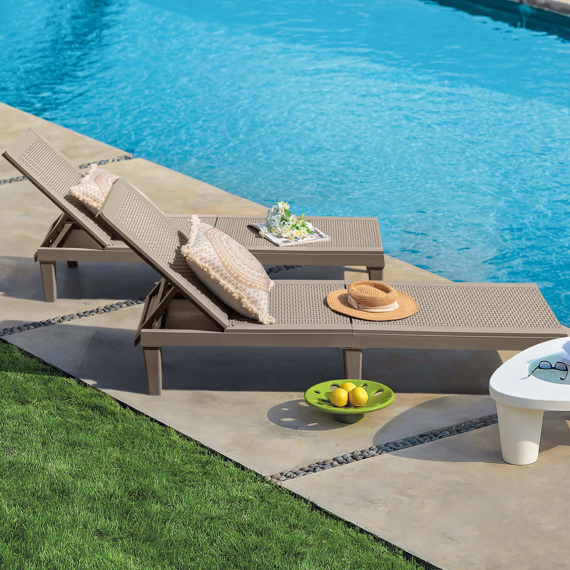 Homall 2 Pieces Patio Lounge Chair Outdoor Adjustable Chaise Lounge Chair,Loght Brown