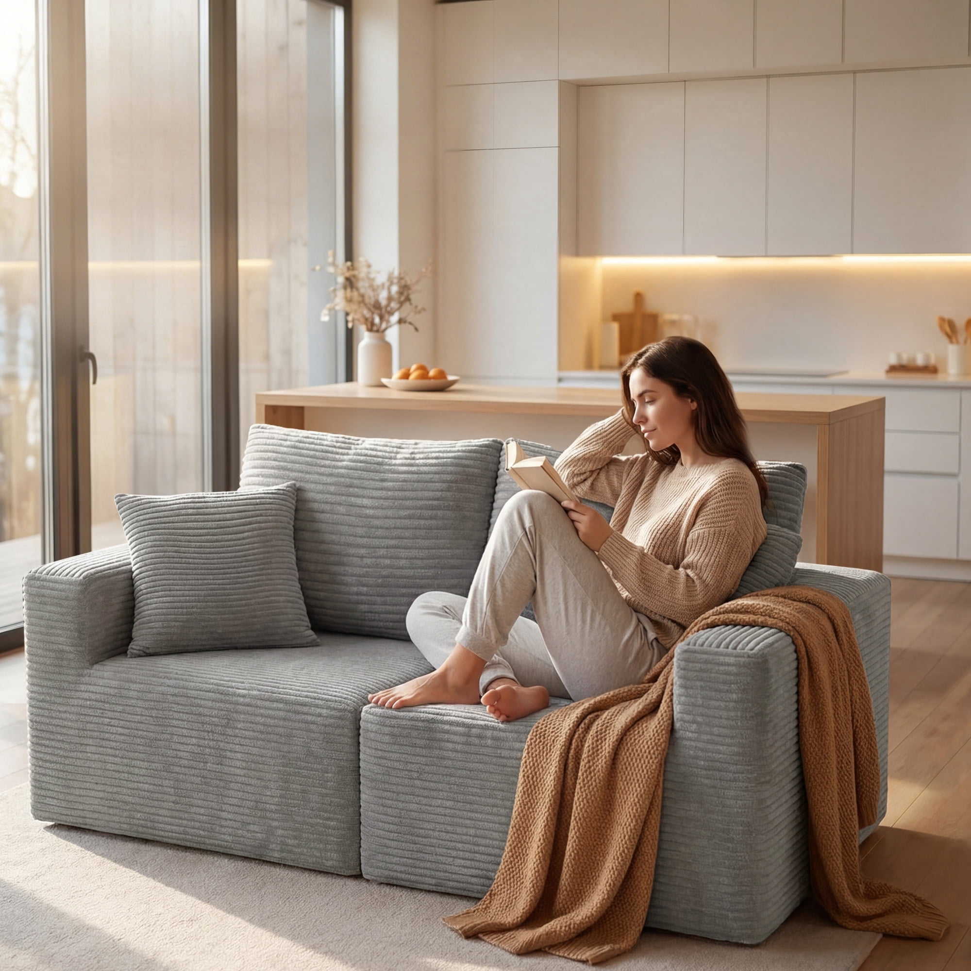 Homall 2-Seat Modular Corduroy Sofa, Sectional Couch with Convertible Modules, Modern Minimalist Sofa Set for Living Room, Freely Combinable Sofa Furniture, Grey