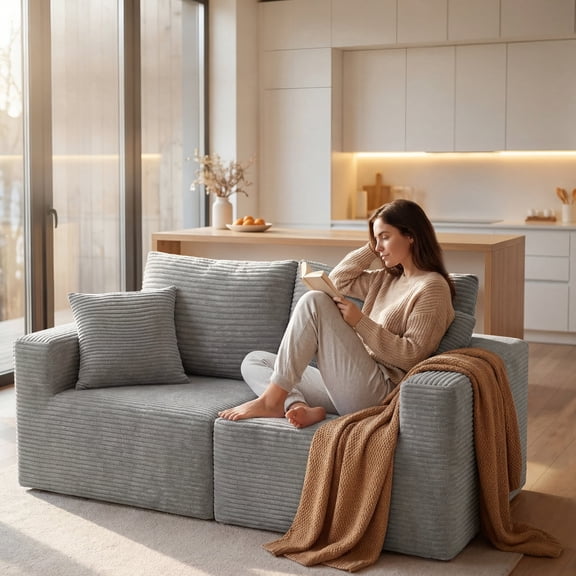 Homall 2-Seat Modular Corduroy Sofa, Sectional Couch with Convertible Modules, Modern Minimalist Sofa Set for Living Room, Freely Combinable Sofa Furniture, Grey