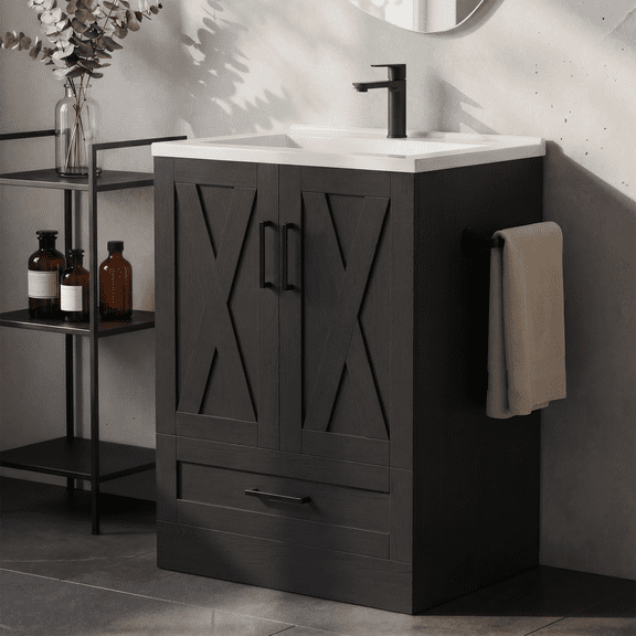 Homall 24'' Bathroom Vanity with Sink, Freestanding Bathroom Cabinet with 2 Door & 1 Drawer, Farmhouse Bathroom Vanity with Basin, Black