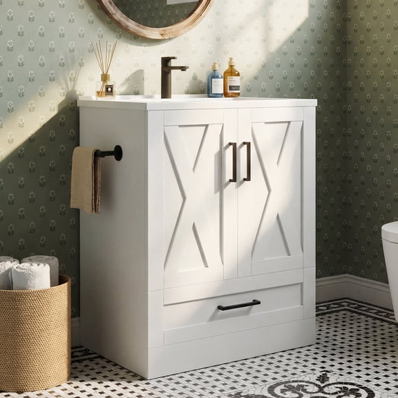 Homall 24'' Bathroom Vanity with Sink, Freestanding Bathroom Cabinet with 2 Door & 1 Drawer, Farmhouse Bathroom Vanity with Basin, White
