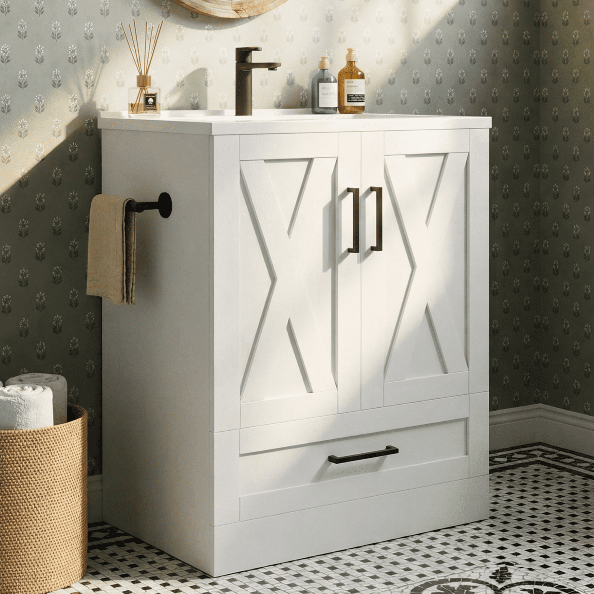 Homall 24'' Bathroom Vanity with Sink, Freestanding Bathroom Cabinet with 2 Door & 1 Drawer, Farmhouse Bathroom Vanity with Basin, White