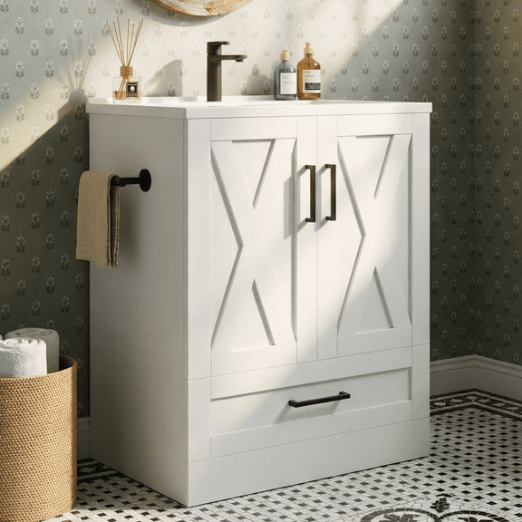 Homall 24'' Bathroom Vanity with Sink, Freestanding Bathroom Cabinet with 2 Door & 1 Drawer, Farmhouse Bathroom Vanity with Basin, White