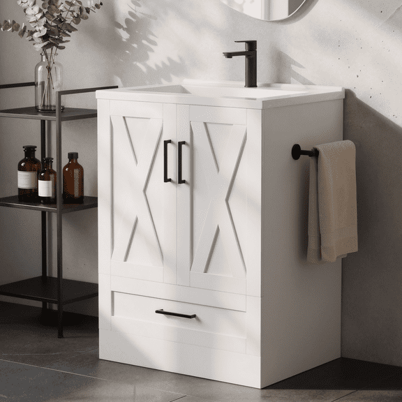 Homall 24'' Bathroom Vanity with Sink, Freestanding Bathroom Cabinet with 2 Door & 1 Drawer, Farmhouse Bathroom Vanity with Basin, White