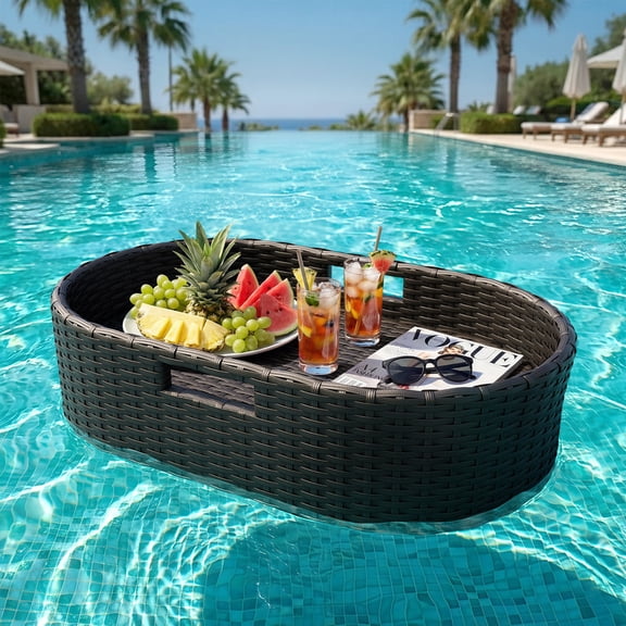 Homall 25.59×15.75×7.1in Rattan Floating Pool Tray Wicker Serving Tray for Food Drinks Floats for Spas Pool Parties, Black