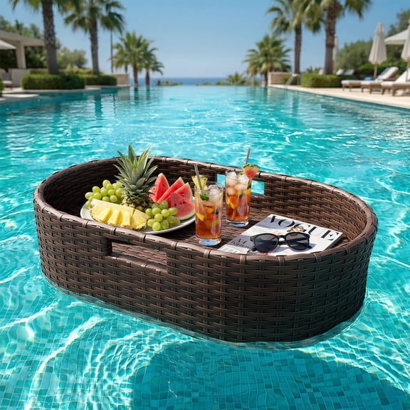Homall 25.59×15.75×7.1in Rattan Floating Pool Tray Wicker Serving Tray for Food Drinks Floats for Spas Pool Parties, Brown