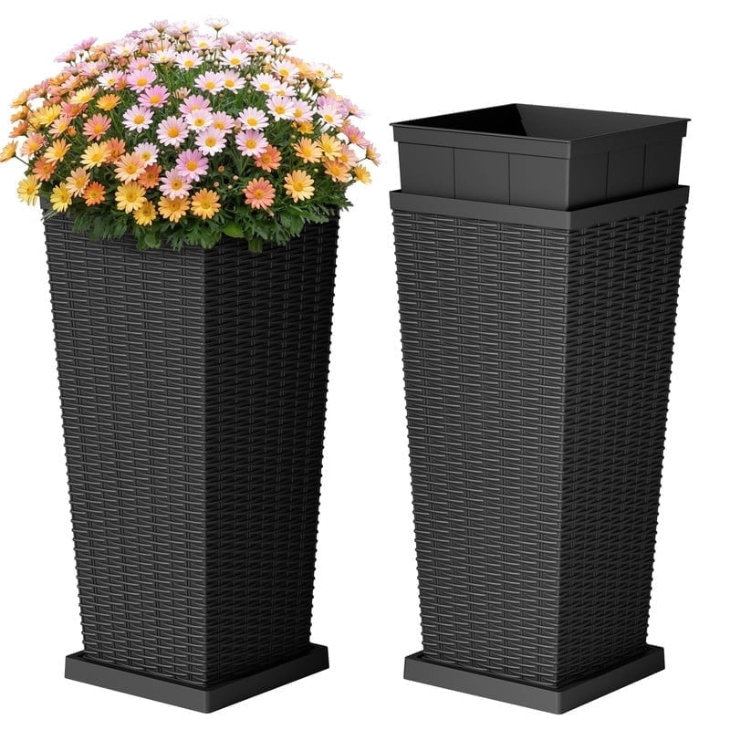 Homall 25" Tall Plastic Planter Set of 2 with Inside Pots, Drainages and Trays, for Outdoor and Indoor