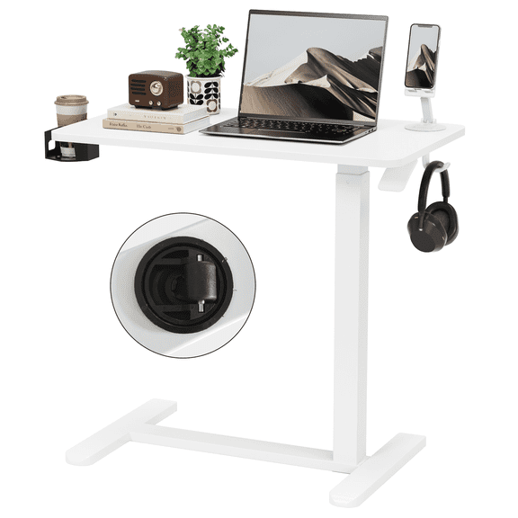 Homall 27.6“ Overbed Table with Hidden Wheels Adjustable Bedside Table for Home Office, Bedroom, Study, White