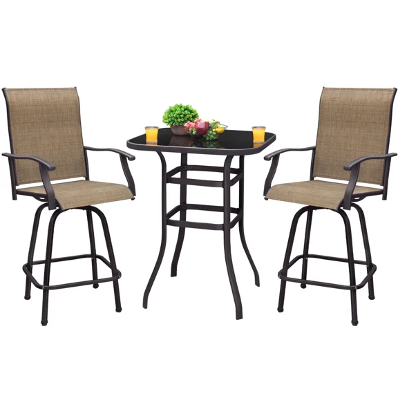 Homall 3-Piece Bar Height Patio Set, 2 Swivel Textilene Stools with Tempered Glass Table, Weather & UV Resistant Steel Frame, Outdoor Bar Furniture for Balcony, Garden, Poolside, Beige