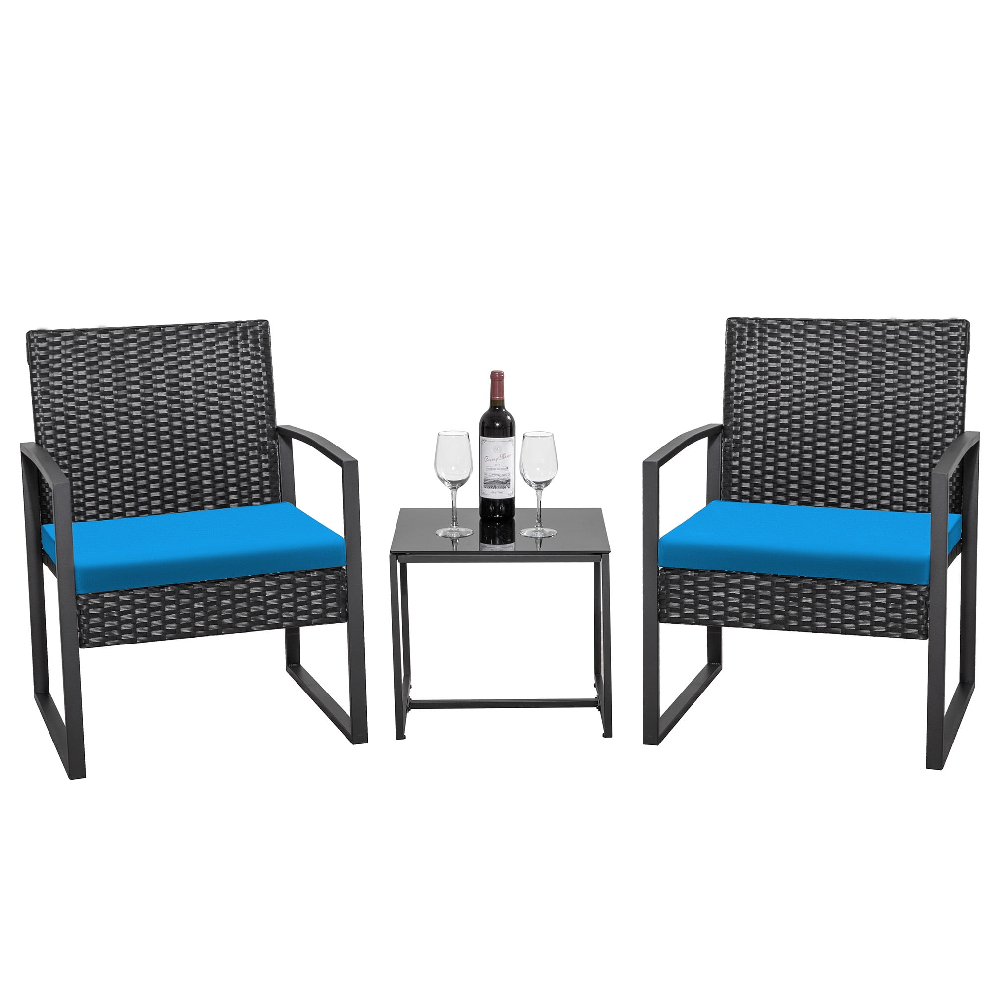 Homall 3-Piece Casual Bistro Set with Wicker Chairs and Coffee Table for Patio Furniture, Black/Blue