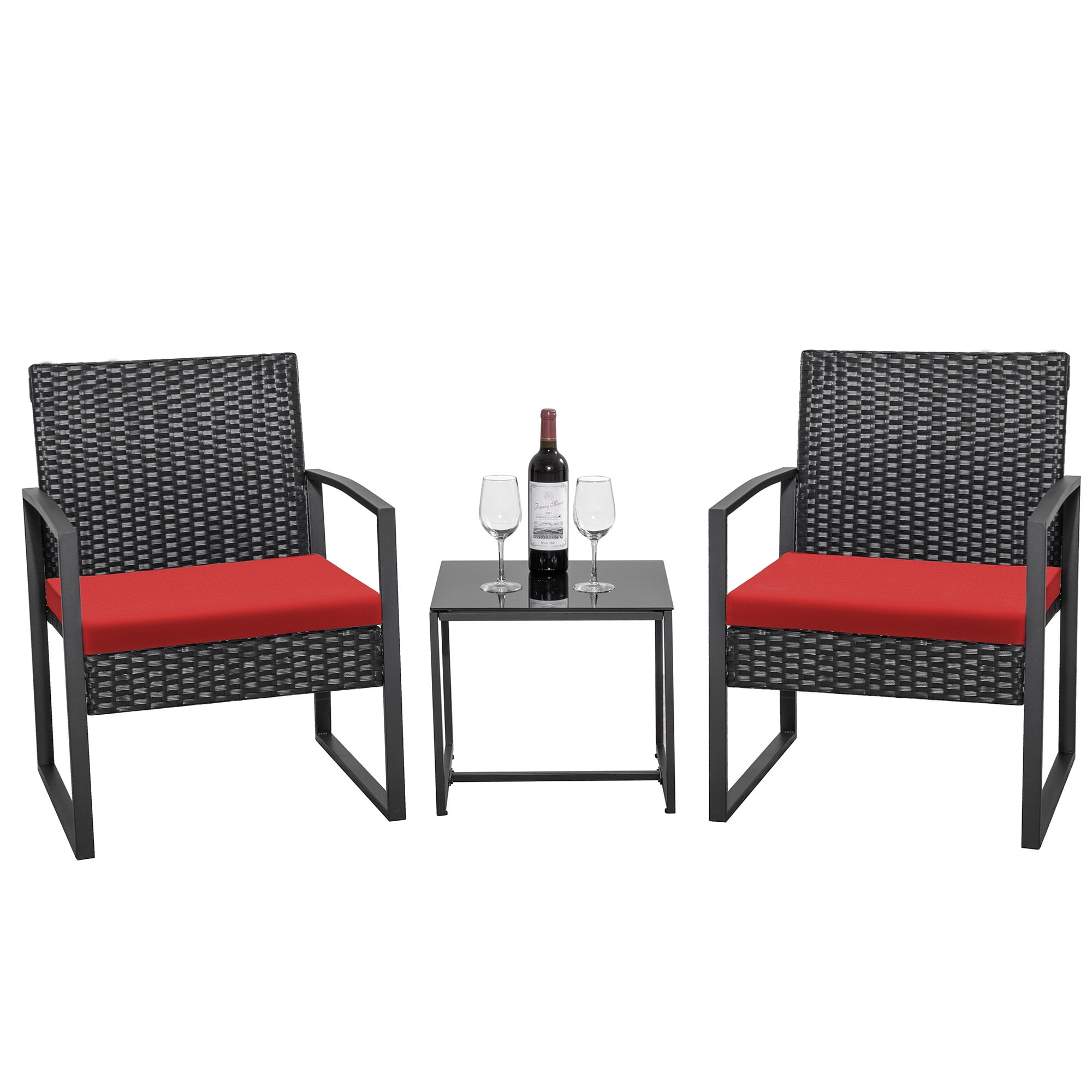 Homall 3-Piece Casual Bistro Set with Wicker Chairs and Coffee Table for Patio Furniture, Black/Red