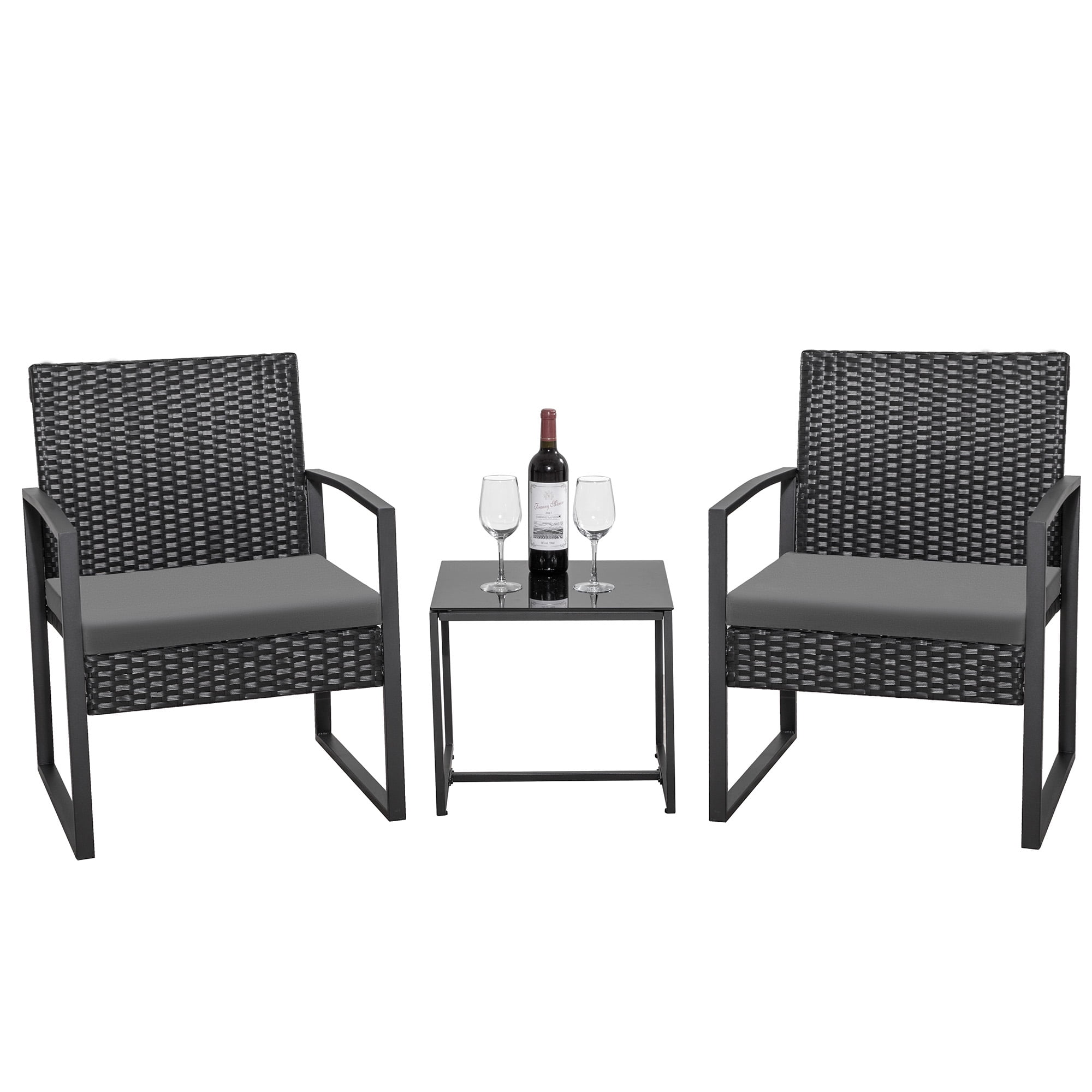 Homall 3-Piece Casual Bistro Set with Wicker Chairs and Coffee Table for Patio Furniture, Grey