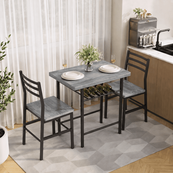 Homall 3 Piece Dining Table Set for 2, Space-Saving Kitchen Table and Chairs Set with Storage Shelf, Small Dining Room Table and Chairs for Kitchen, Apartment, Gray