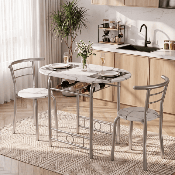 Homall 3-Piece Dining Table Set, Small Dining Table for 2, Modern Dining Set for Small Spaces, Dining Room, Kitchen, Marble & Silver