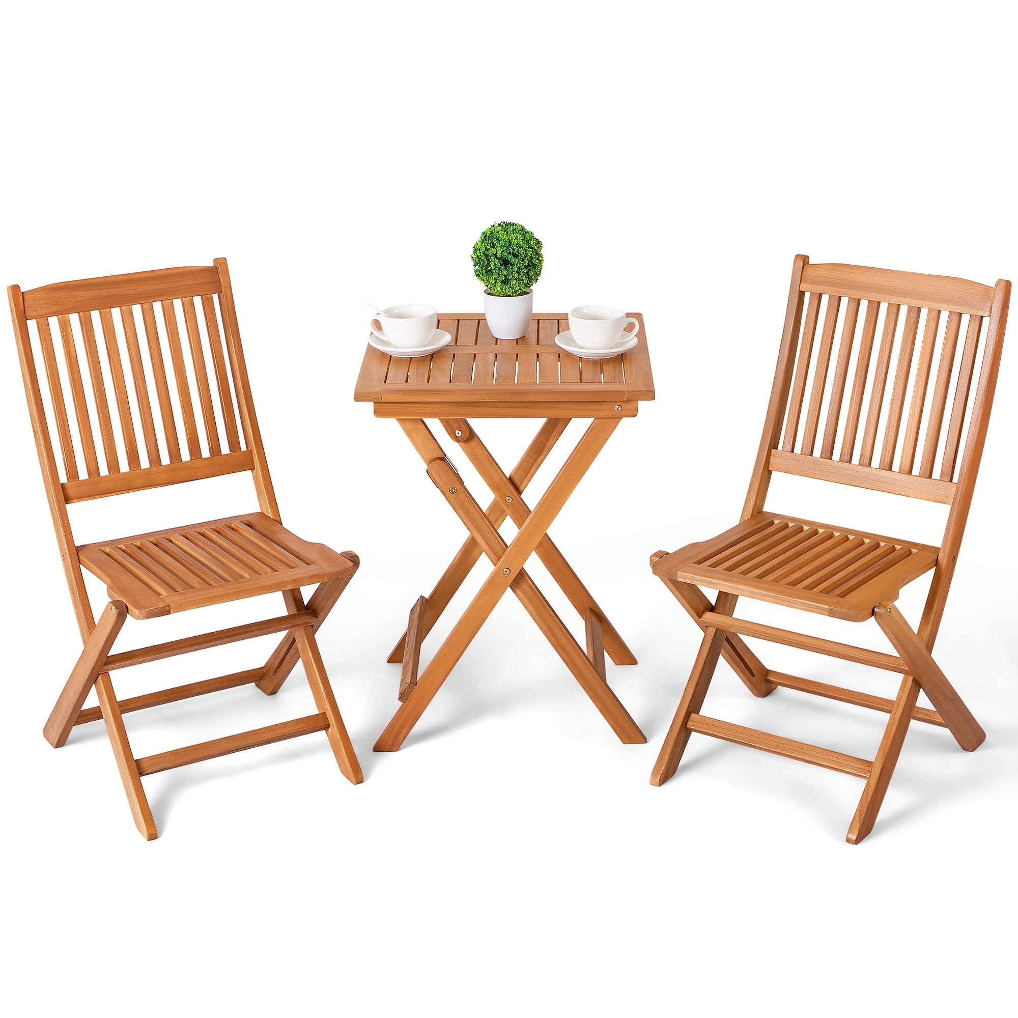Homall 3 Piece Acacia Wood Folding Patio Bistro Set, Small Indoor Outdoor Table & Chairs Set of 2 for Backyard Balcony