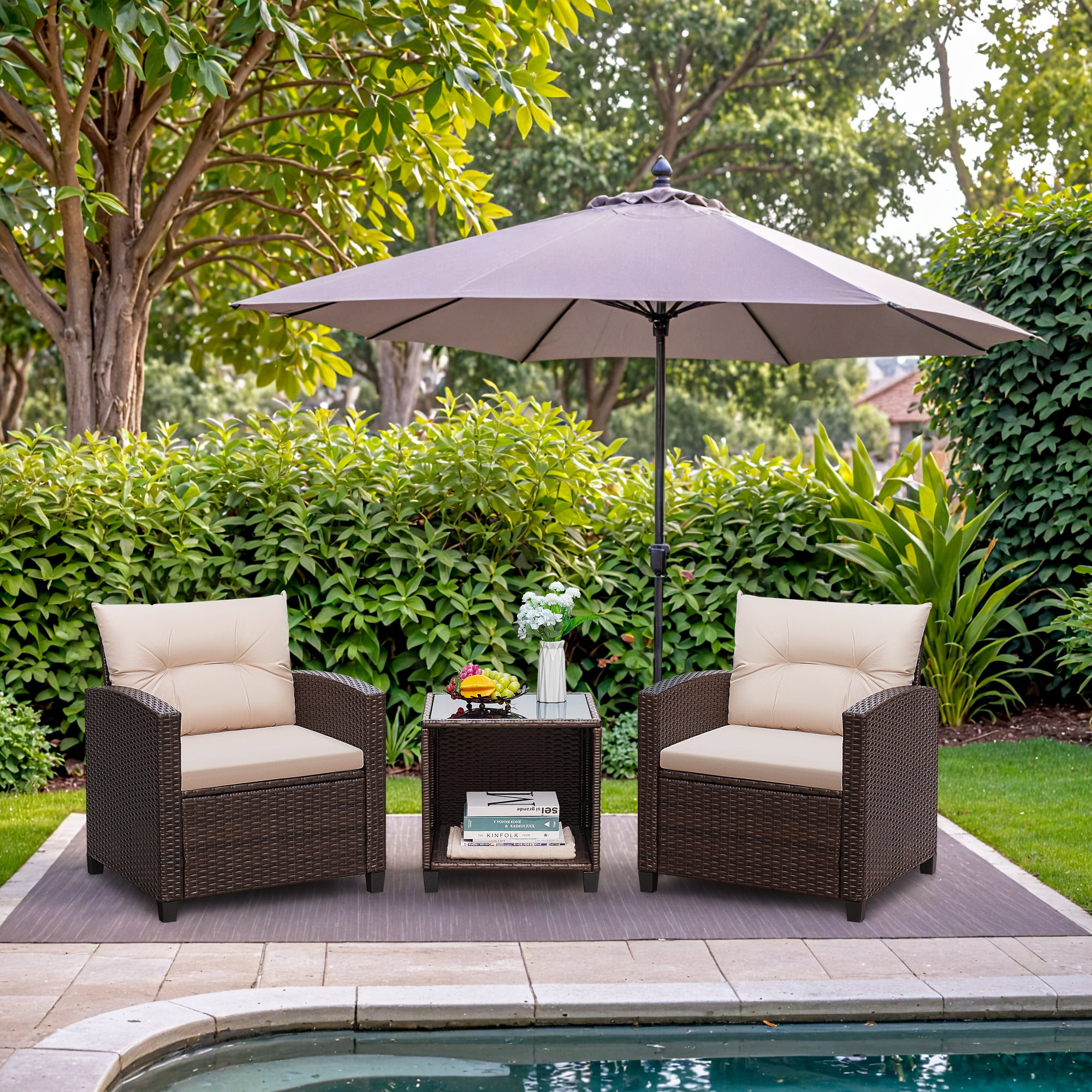 Homall 3 Piece Patio Furniture Set Outdoor Rattan Chair with Cushion and Coffee Table Patio Bistro Set for Balcony Garden Porch Beige
