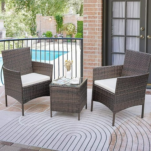 Homall 3 Piece Rattan Outdoor Patio Set Wicker Conversation Set with Beige Cushion Glass Coffee Table