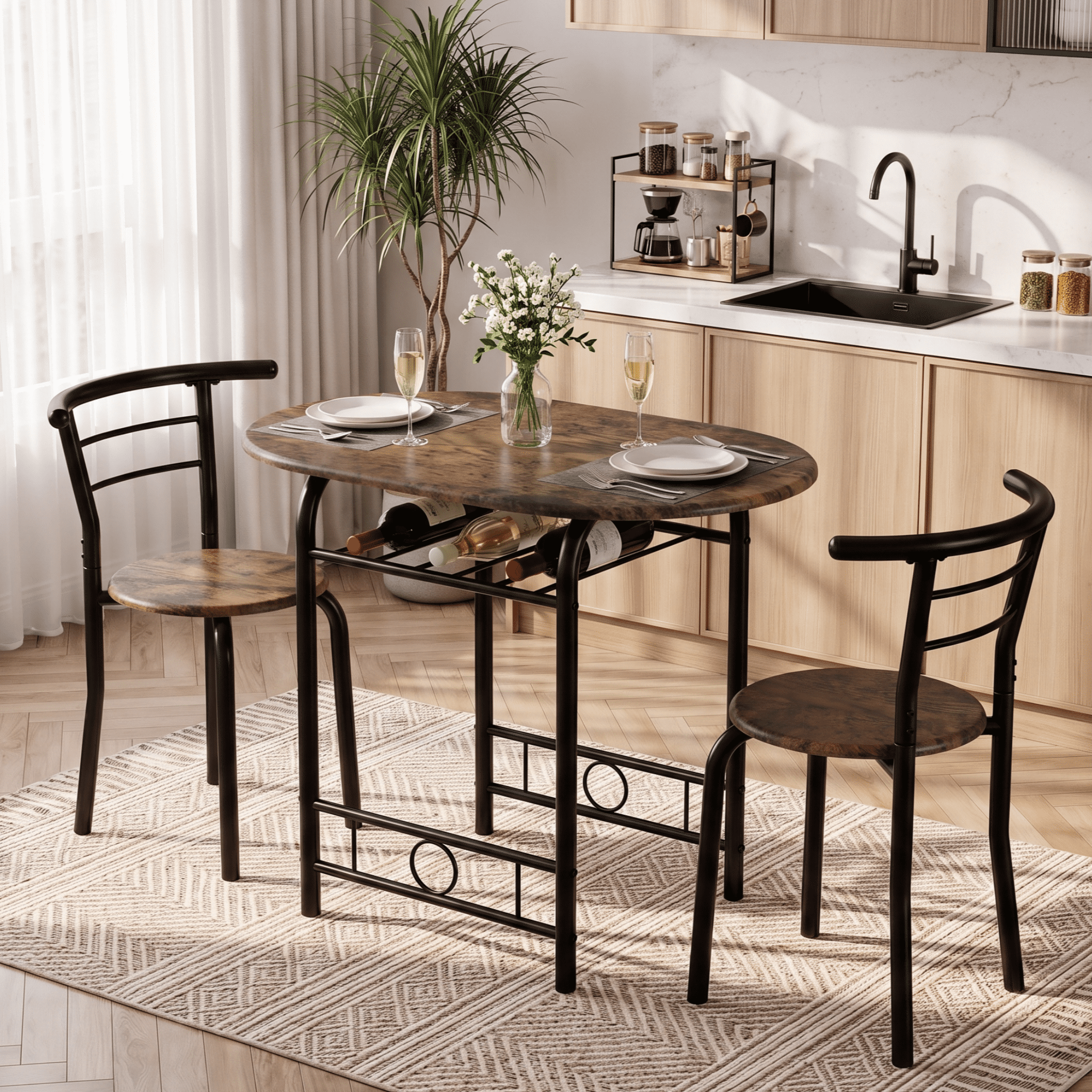 Homall 3-Piece Dining Table Set, Small Kitchen Table Set for 2, Modern Dining Set for Small Spaces, Dining Room, Kitchen, Brown