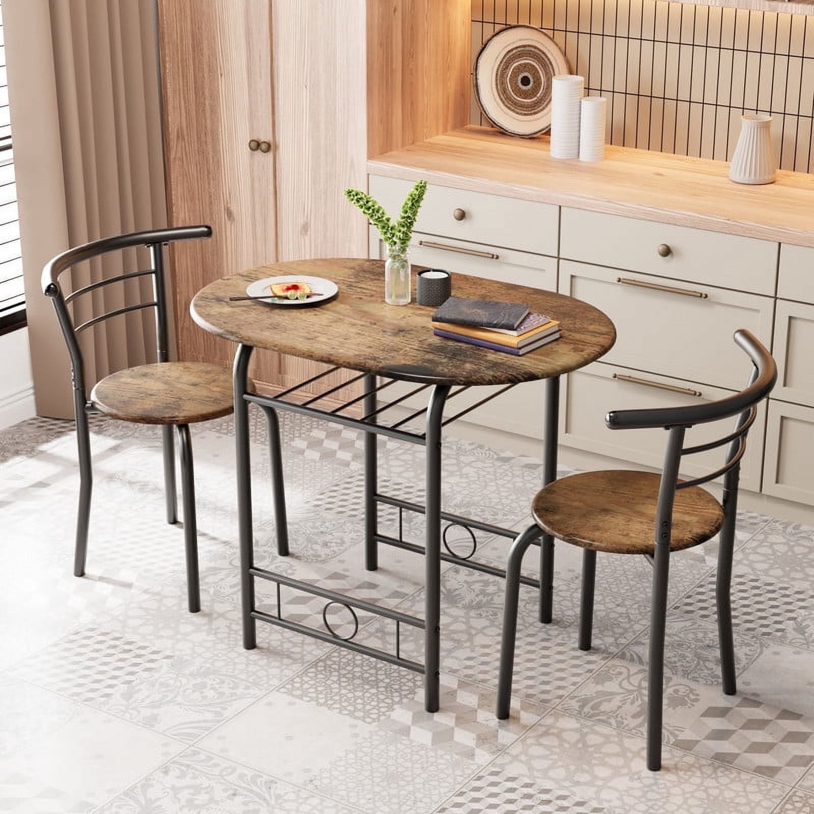 Homall 3 Piece Wood and Metal Dining Table Set, Small Dining Table for 2, Modern Dining Set for Living Room, Dining Room, Kitchen, Brown
