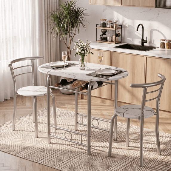 Homall 3-Piece Dining Table Set, Small Dining Table for 2, Modern Dining Set for Small Spaces, Dining Room, Kitchen, Marble & Silver