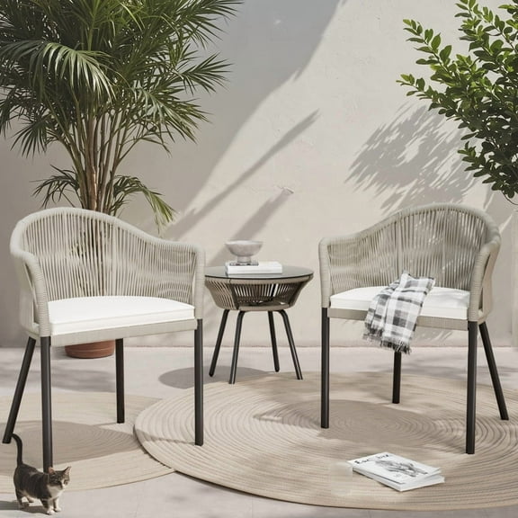 Homall 3 Pieces Outdoor Patio Furniture Set PE Rattan Wicker Table and Chairs with White Cushions and Tempered Glass Bar Set, White