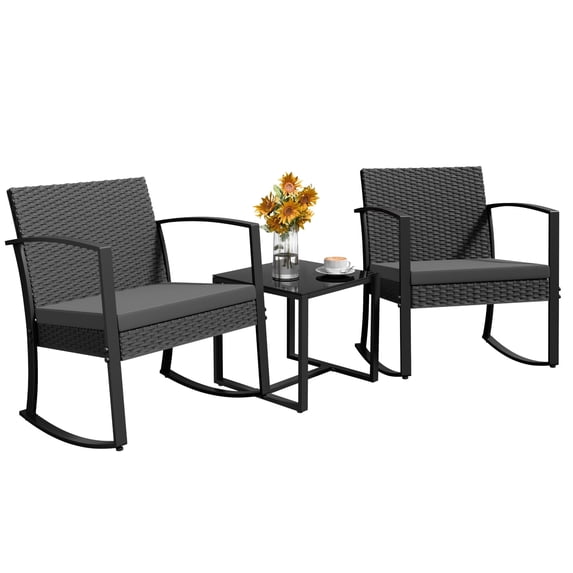 Homall 3 Pieces Outdoor Rocking Chairs, PE Rattan Chairs with Cushions and Coffee Table Conversation Set
