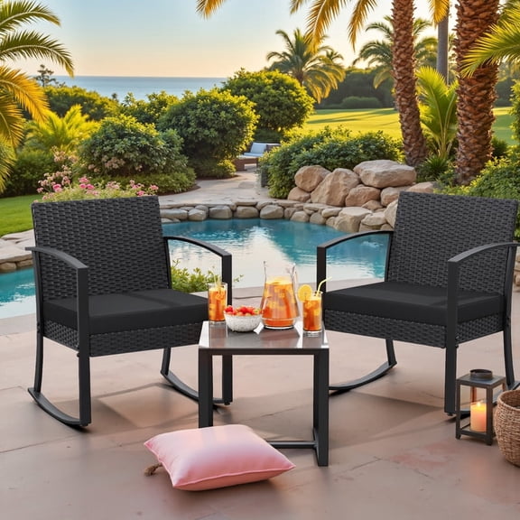 Homall 3 Pieces Outdoor Rocking Chairs, PE Rattan Chairs with Cushions and Coffee Table Conversation Set