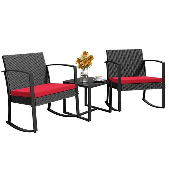 Homall 3 Pieces Outdoor Rocking Chairs, PE Rattan Chairs with Cushions and Coffee Table Conversation Set